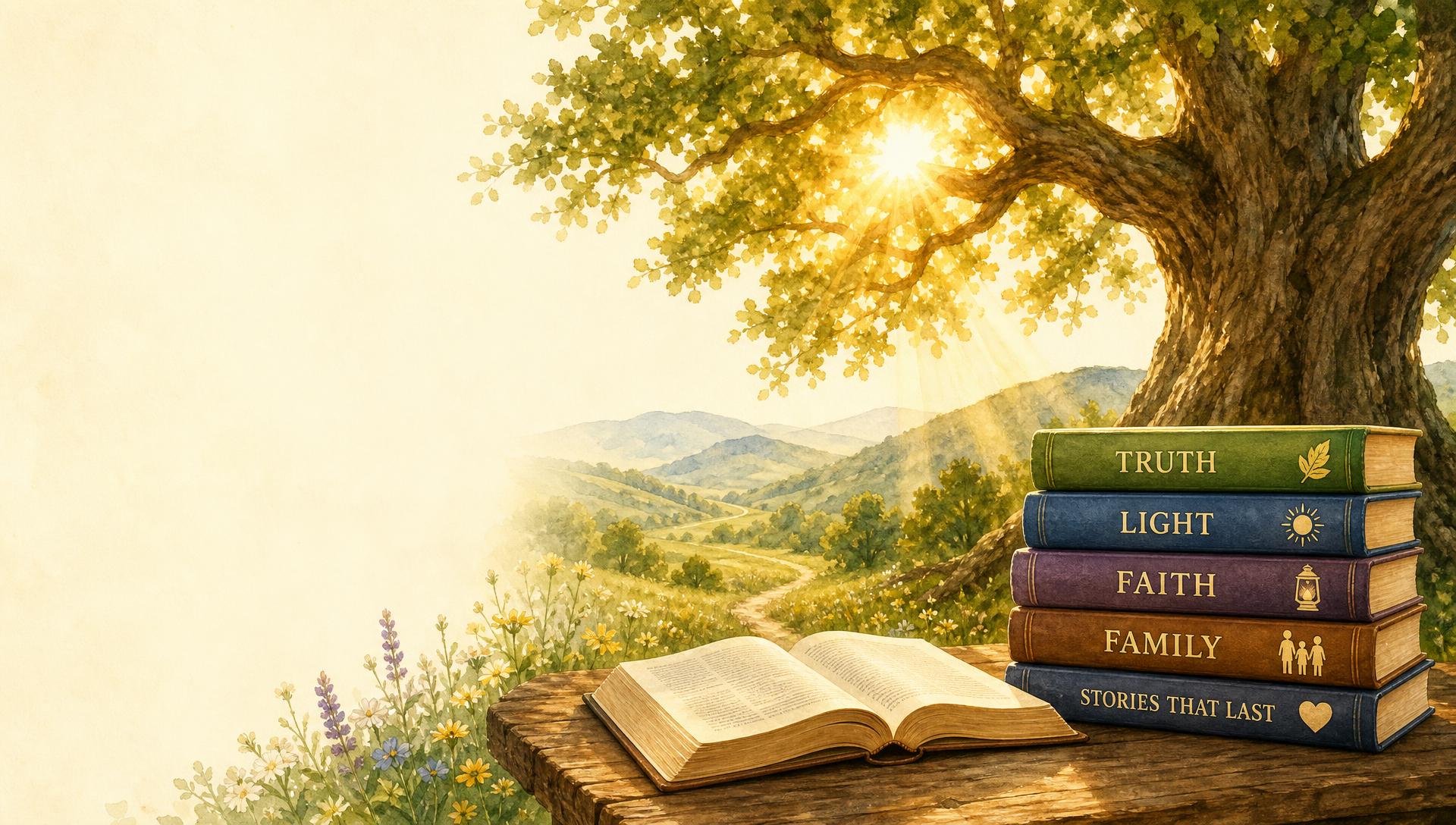 A sunlit oak tree above rolling hills with an open book and a stack of hardcover books titled Truth, Light, Faith, Family and Stories That Last